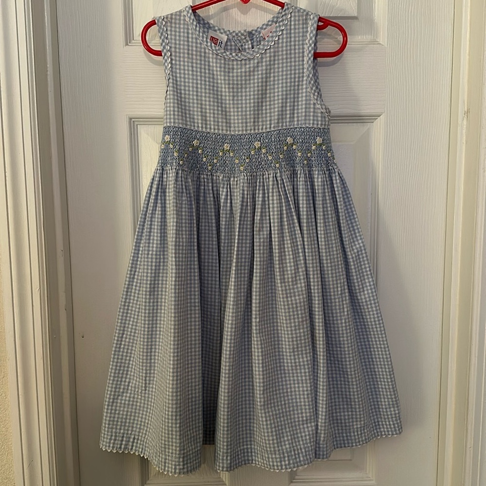 Adorable smocked blue and white gingham dress